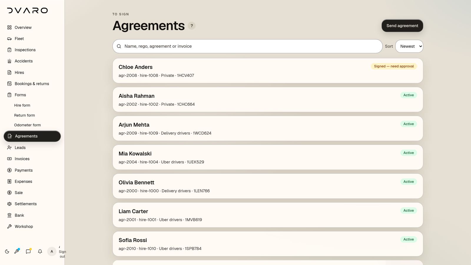 DVARO Agreements screen with sample data