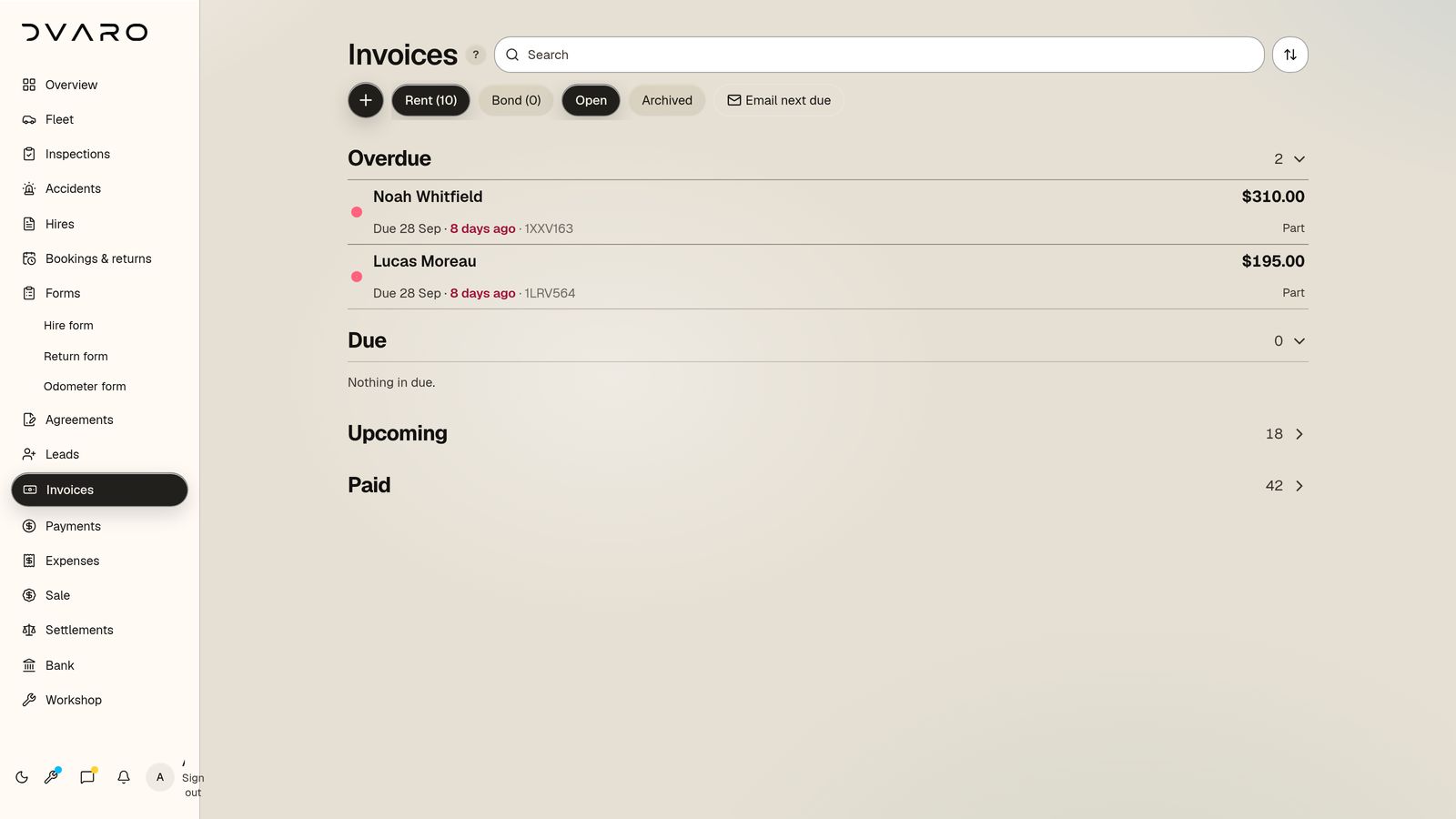 DVARO Invoices & payments screen with sample data