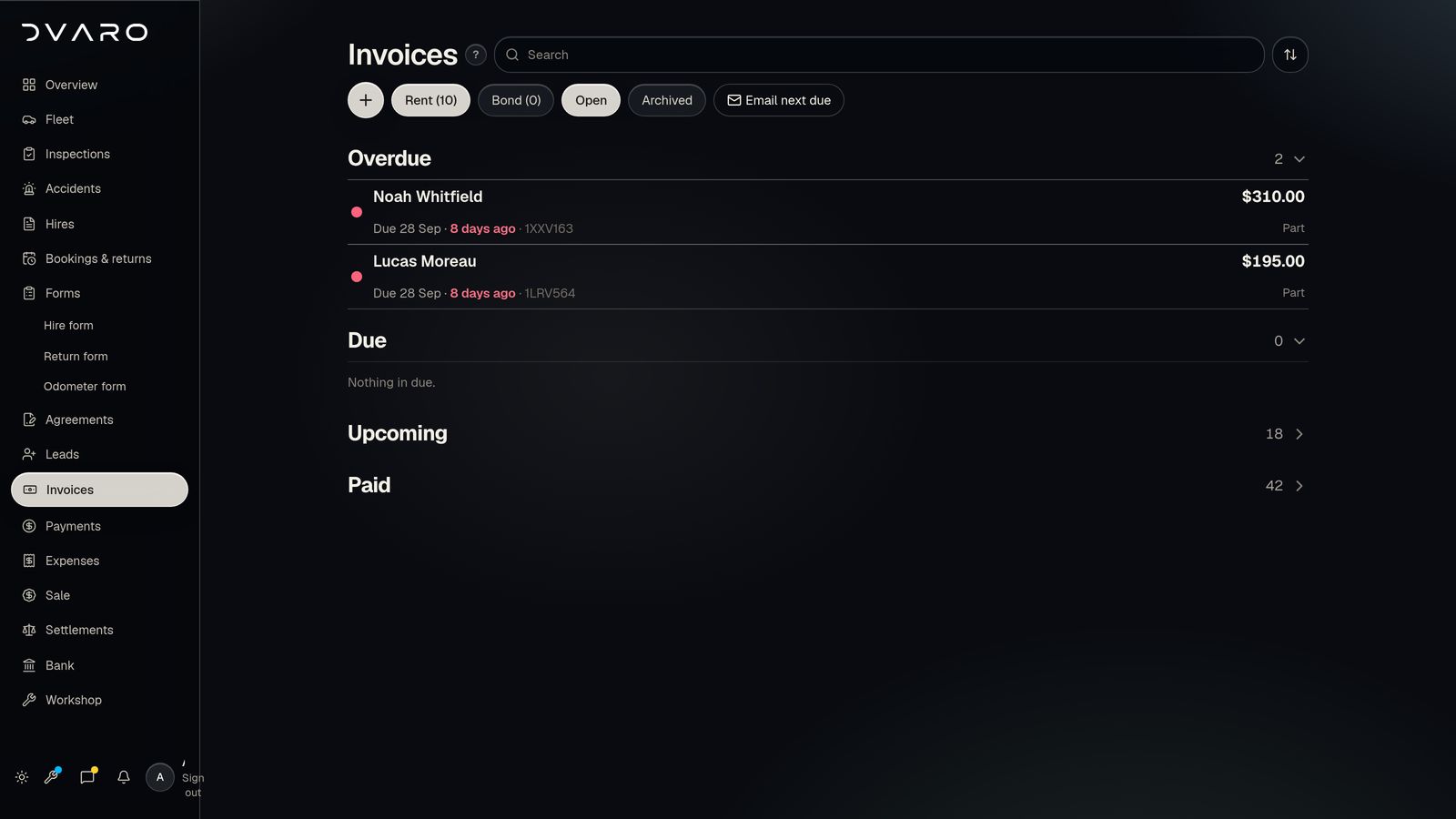 DVARO Invoices & payments screen with sample data, dark mode