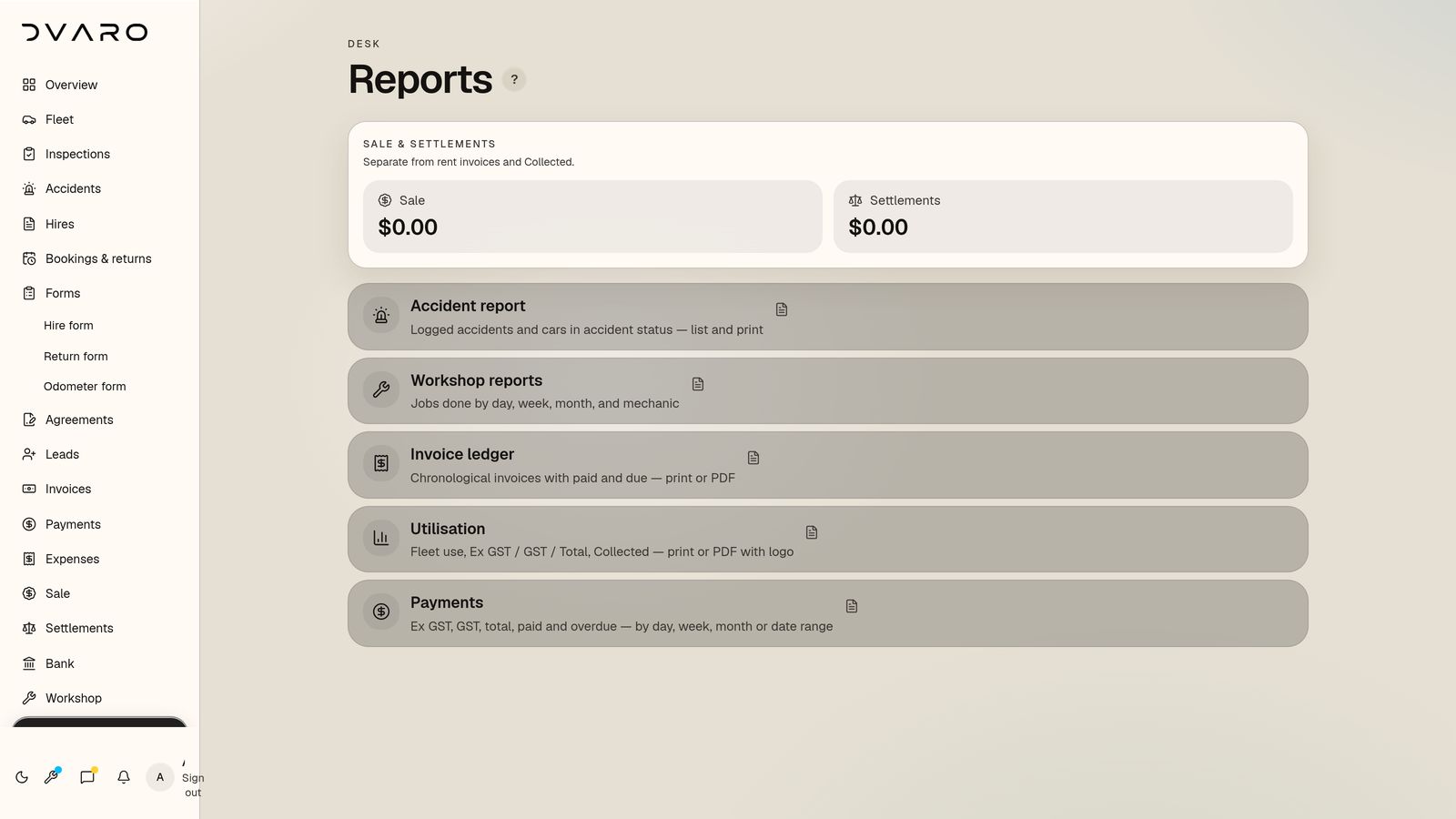 DVARO Reports screen with sample data