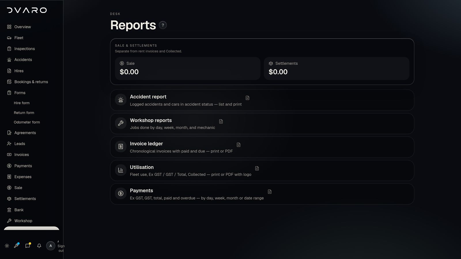 DVARO Reports screen with sample data, dark mode