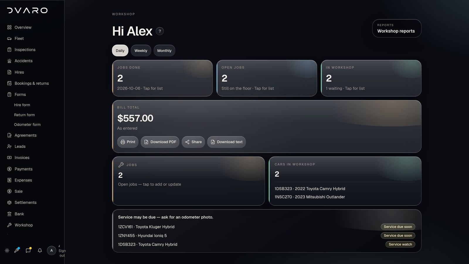 DVARO Workshop screen with sample data, dark mode